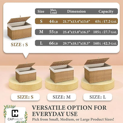 CAPHAUS Laundry Basket with Lid & Handles, Foldable Clothes Hamper, Large 65L Synthetic Rattan Storage Bin with 2 Removable Liner Bags, Collapsible Laundry Hamper, Brown