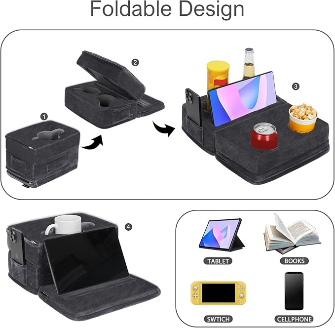 Couch Cup Holder Tray Pillow, Large Sofa Organizer Caddy with 6 Holes and Side Pocket Bed Refreshment Tray for iPad, Drinks, Remotes, Phones, Snacks, Removable & Washable (Grey)