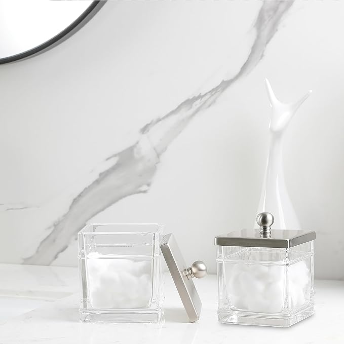 Indecor Home Glass Cotton Jar Holder 2 Pack– Satin Nickel Lid, Elegant Bathroom Storage Canister for Qtips, Cotton Balls, Floss, Makeup Organizer, Vanity & Bathroom Organization