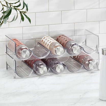 mDesign Plastic Free-Standing Water Bottle and Wine Rack Storage Organizer for Kitchen Countertops, Table Top, Pantry, Fridge - Stackable - Holds 5 Bottles Each, 2 Pack - Clear