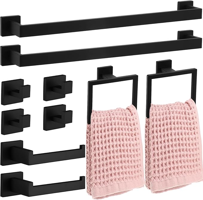 Gisafai 10 Pcs Black Bathroom Hardware Accessories Set 23.6 Inch Bath Towel Bar Kit Stainless Steel Bathroom Hardware Set Towel Racks Ring Robe Hooks Paper Holder for Wall Mounted