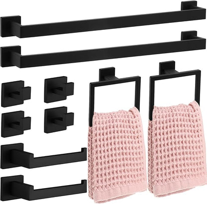 Gisafai 10 Pcs Black Bathroom Hardware Accessories Set 23.6 Inch Bath Towel Bar Kit Stainless Steel Bathroom Hardware Set Towel Racks Ring Robe Hooks Paper Holder for Wall Mounted