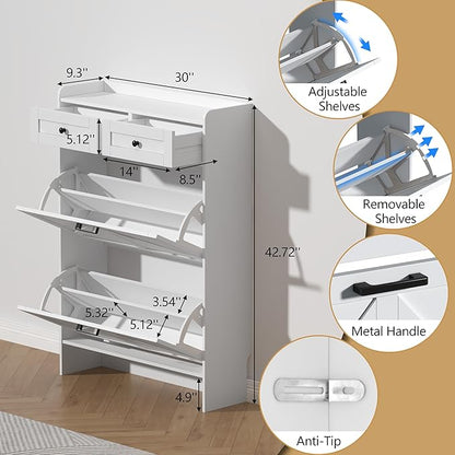 Shoe Cabinet with 2 Flip Drawers & 2 Storage Drawers, Rustic Farmhouse Narrow Shoe Organizer Cabinet, Slim Shoe Rack Cabinet, Shoe Storage Cabinet for Entryway, Hallway, Front Door