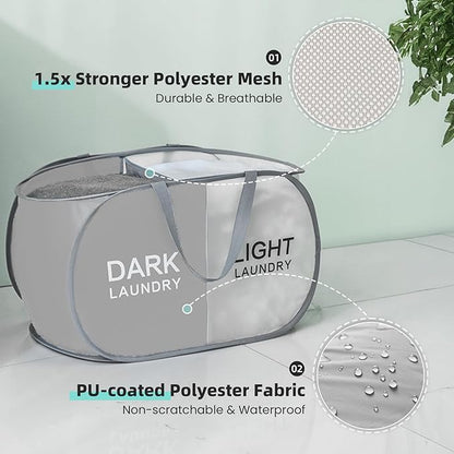 TECHMILLY Collapsible Laundry Basket Durable Pop Up Hamper with 2 Compartments for Sort and Storage, Portable Dirty Clothes Hamper for Dorm, Laundry Room or Travel (Grey + Begie)