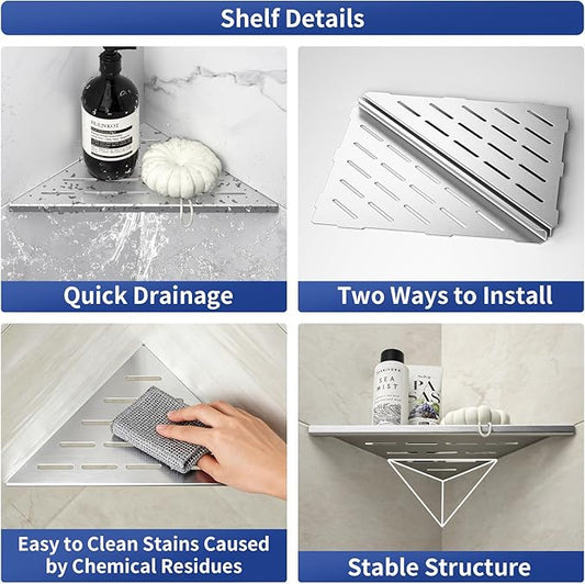 Bernkot Corner Shower Shelf 10" Brushed 304 Stainless Steel Slot Design Recessed Corner Shelf Bathroom Grout in Shelf for Tiled Wall