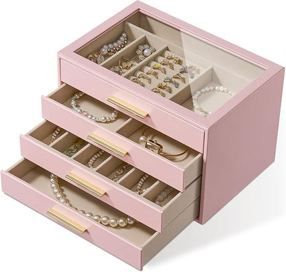 pickpiff Jewelry Box Organizer Case for Women: 4-Layer Jewelry Storage Case with Glass Window, Pink Leather with Velvet Holder for Ring Necklace Bracelet Brooch Watch, Great Gift for Her