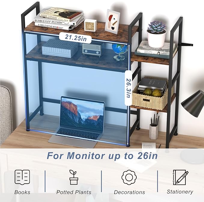 Desktop Bookshelf, Computer Desktop Bookcase Multipurpose Wood Desk Hutch Bookshelf High-Capacity Desk Hutch Organizer for Computer (Brown)