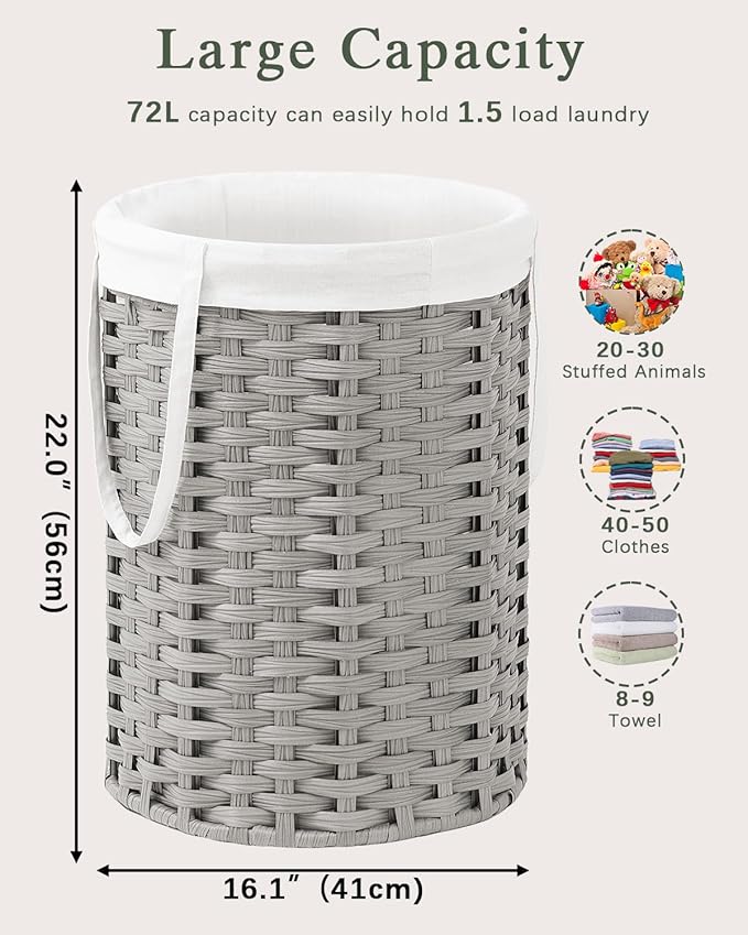 Laundry Hamper Laundry Basket Round 19.0 Gal (72 L) Handwoven Rattan Hamper, Large Wicker Laundry Hamper with Removable Laundry Bag Handles 2 Mesh Bags for Bathroom Living Room Gray (No Lid)