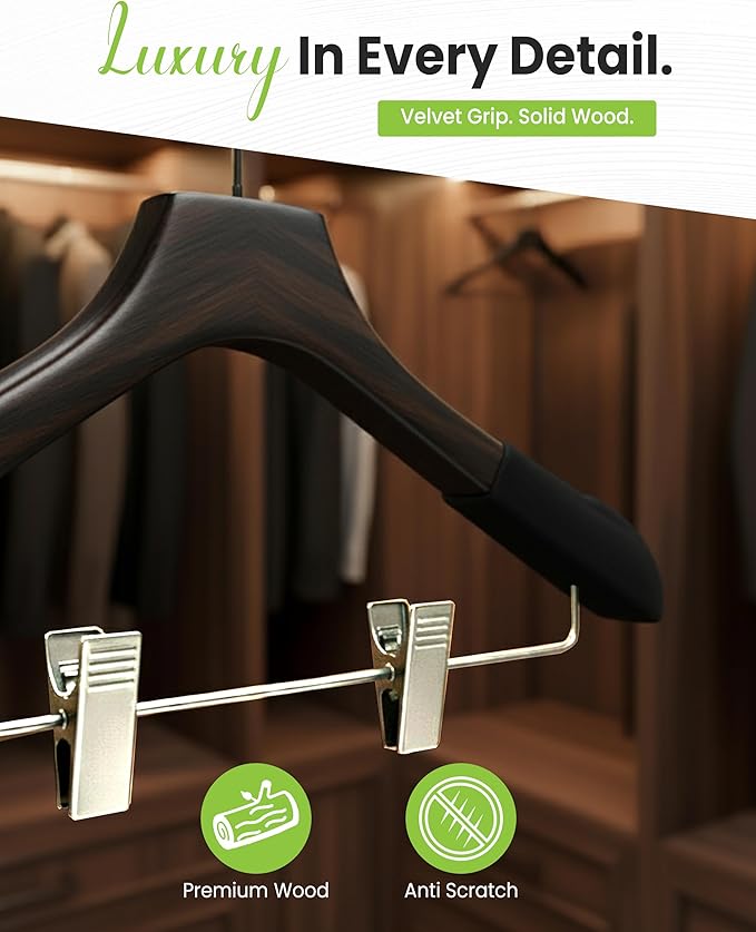 All Hung Up Hangers - Wooden Hangers with Clips for Women, Solid Wood Skirt & Suit Hangers, Heavy-Duty Adjustable Non-Slip Design with Velvet Grip, Mahogany with Black Velvet, 12 pcs
