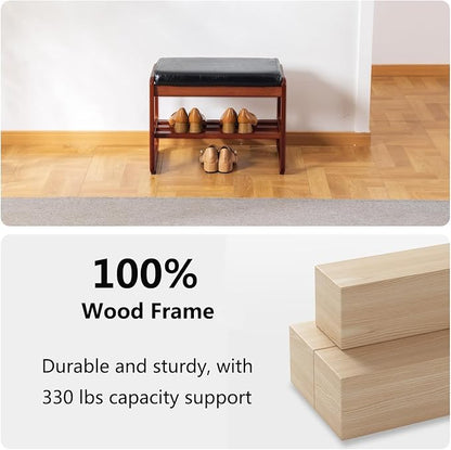 Solid Wood Shoe Bench, 2-Tier Wooden Entryway Bench, Modern Shoe Rack with Faux Leather Cushion for Hallway, Living Room (Black, 21.65'')