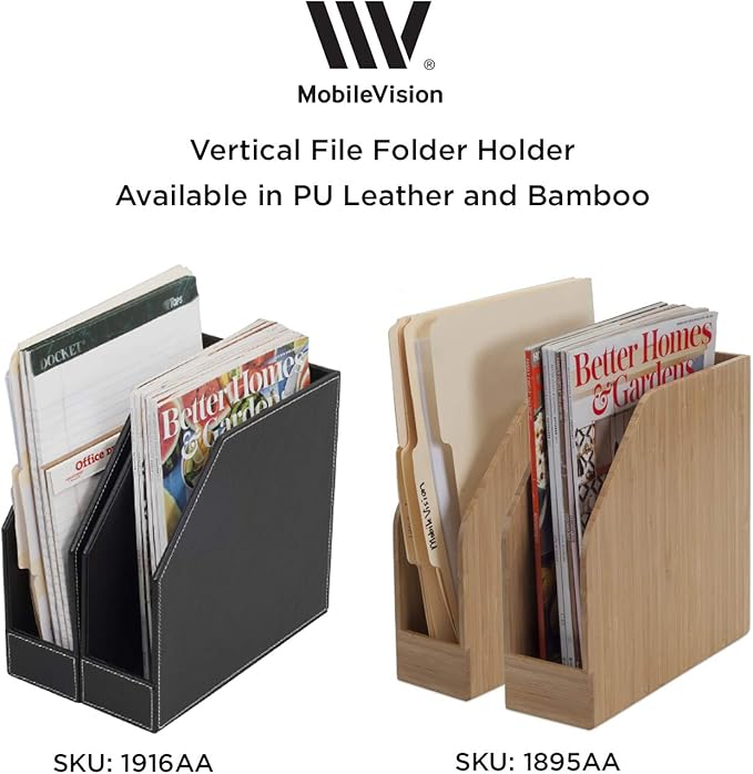 MobileVision Executive Leather Vertical File Folder Holder & Office Product Organizer, Store Files, Magazines, Notepads, Books and more, 2 Pack Combo Set