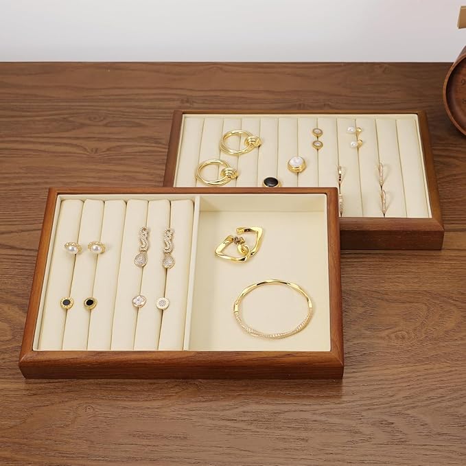 Solid Wood Jewelry Ring Display Tray Jewelry Drawer Organizer Showcase Display Organizer Tray for Rings Stud Earrings(Beige)