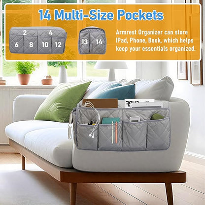 Gloserin Armchair Caddy, Sofa Armrest Organizer, Non Slip Recliner Organizer, Remote Control Holder for Recliners, Couch Caddy with 14 Pockets Storage for TV Remote, Phone, Magazine (Grey)