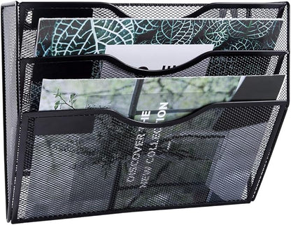 EASEPRES 3 Pocket Mesh Hanging Wall File Organizer, Wall Mounted Mail Paper Document Folder Holder, Clipboard Storage Organization Magazine Rack with Nametag Label for Office Home School, Black