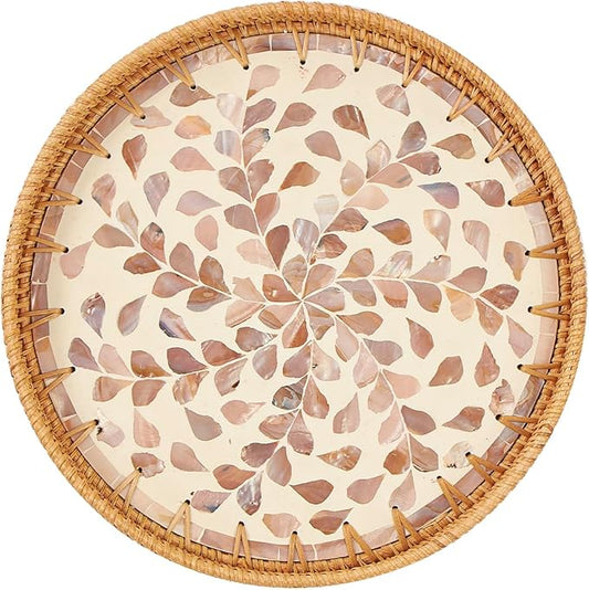 Round Rattan Tray with Mother of Pearl Inlay, Rattan Serving Tray with Wooden Base, Decorative Wicker Basket for Table Decor, Storage and Display of Coffee Bread Food Fruit (Wicker)