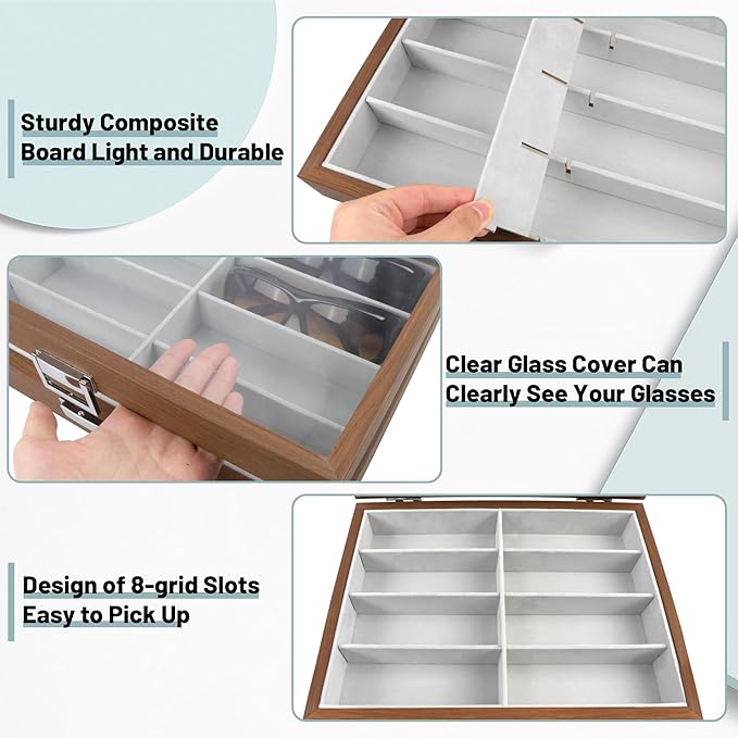 Homeanda Wooden Eyeglasses Case 8 Grids Sun Glasses Holder Eyewear Organizer Glasses Case Tray Glasses Display Showcase Organizer with Cover Christmas Gift for Men and Women