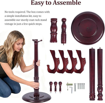 73" Wooden Coat Rack Freestanding, Coat Rack Stand With 18 Hooks And Round Solid Wood Base，Adjustable Height, Easy To Assemble For Entrance Hallway Office Living Room Bedroom (Flying Swallow)