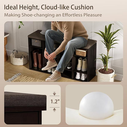 DINZI LVJ Shoe Storage Bench with Cushion, 16-Cubby Shoe Rack, Adjustable Shelves, Multifunctional Shoe Organizer Bench for Entryway, Mudroom, Hallway, Living Room, Bedroom and Garage, Espresso