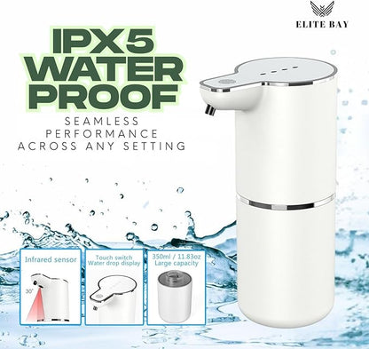 ELITE BAY Auto Foam Soap Dispenser-Touchless Soap Dispensor with Four- Speed Foam Settings | 350ml Capacity | Rechargeable 1200mAh Battery. USB Charging | ABS+PP Material | 1.5W Power White.