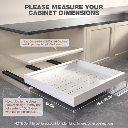 Seinloes 2 Pack Pull Out Cabinet Organizer 24" Deep,Full Extension 3 Slide Rails Slide Out Drawers With Raising Pad for Framed Cabinets,Expandable Width (15.4"-26.2"),No Drill Roll Out shelf,White