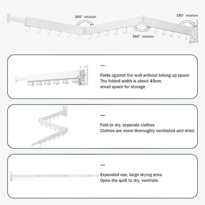 Wall Mounted Clothes Drying Rack, Collapsible, Folding, Retractable - Clothes Hanging Rack (Hooks, White)