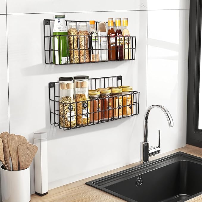 4 Set Extra Large Hanging Wall Wire Baskets, Hanging Wall Mount Storage Baskets, Metal Hanging Wire Basket for Organizing and Storage, Sturdy Wall Organizer for Home Kitchen Bathroom Storage, Black