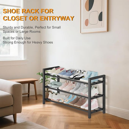 3-Tier Expandable Shoe Rack – Adjustable Heavy-Duty Metal Shoe Organizer Shelf for Closet, Entryway, Mudroom & Garage – Durable Freestanding Storage, Black