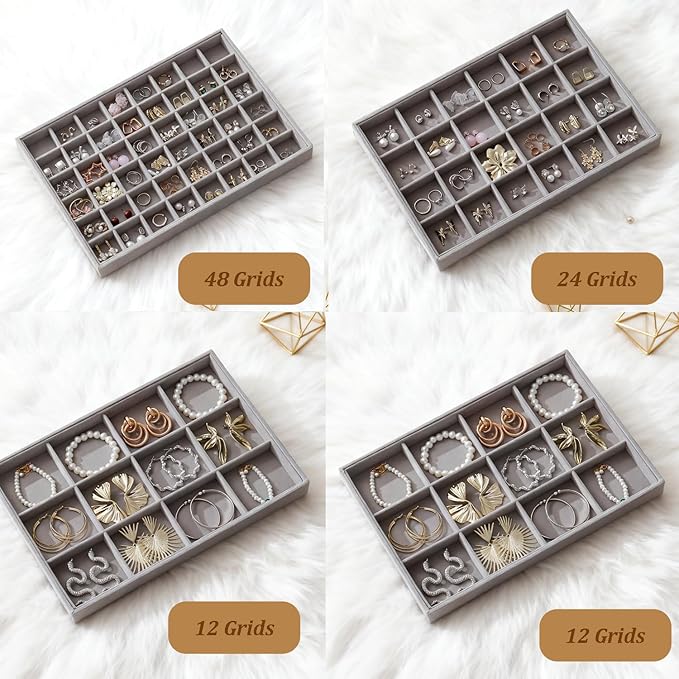 KATISYIO Large Jewelry Drawer Organizer Trays Set of 4, Stackable Velvet Jewelry Trays Organizer Holder Display Storage Showcase for Earring Necklace Bracelet Ring Accessary (Gray, 12+12+24+48 Grids)