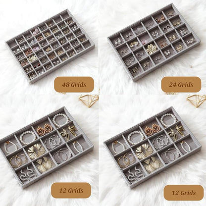 KATISYIO Large Jewelry Drawer Organizer Trays Set of 4, Stackable Velvet Jewelry Trays Organizer Holder Display Storage Showcase for Earring Necklace Bracelet Ring Accessary (Gray, 12+12+24+48 Grids)