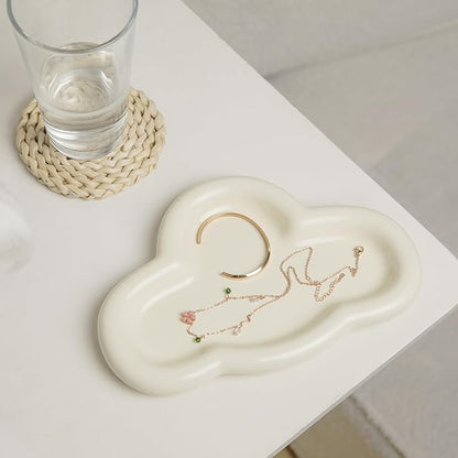 Cloud Trinket Dish, Chubby Jewelry Tray, Ceramic Jewelry Ring Trinket Dish for Rings Earrings Necklace Organizer, Mother's Day Thanksgiving Christmas Birthday Bridesmaid Gifts (Crème)