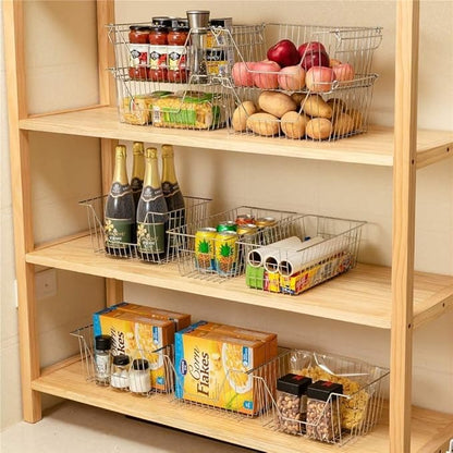 Stackable Wire Metal Baskets Sturdy Cabinet Organizer Wire Pantry Freezer Bin with Handle for Home Bathroom Kitchen Fruit Vegetable Organization, Chrome, 3Packs