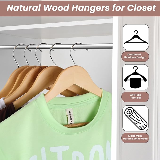Kings Lifestyle Hub Wooden Hangers Premium Natural Bamboo Wood Hanger Well Polished Ergonomic Design & Sharply Cut Notches with Swivel Hook (Light Brown, Pack of 30)