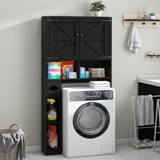 Vabches Over The Toilet Storage Cabinet, Farmhouse Storage Cabinet Over Toilet with 2 Barn Doors && Toilet Paper Holder Stand，Home Space-Saving Toilet Rack, for Laundry, Restroom, Bathroom.Pure Black