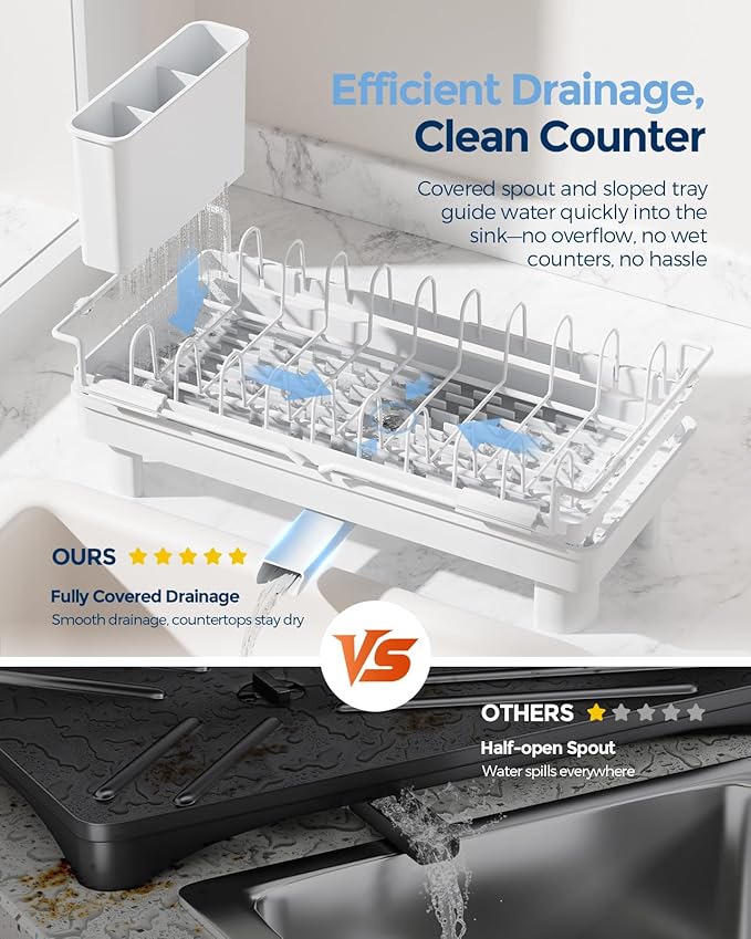 Nacial 2-in-1 Small Dish Drying Rack Fits 14''–21.8'' Sink, Dish Drainers for Kitchen Counter Extend Kitchen Sink Drain Basket with Utensil Holder & Auto-Drain Tray, Stainless Steel Plate Rack, White