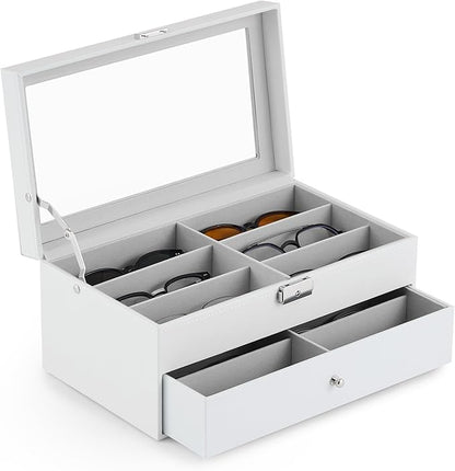 CO-Z Sunglasses Organizer with 12 Slots, Leather Eyeglasses Storage Box for Women Men, 2 Story Lockable Display Case for Multiple Glasses, Sunglasses Jewelry Collection Holder with Drawer, White