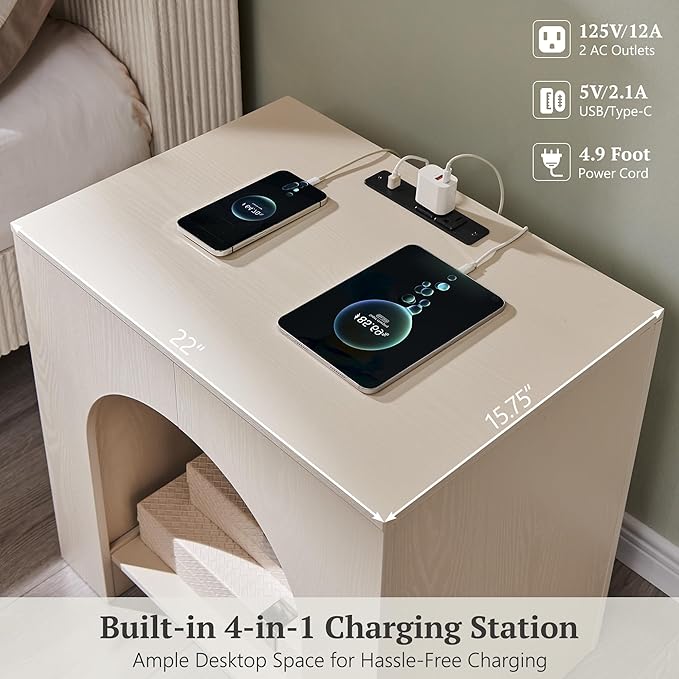 Arched End Table with Type-C Charging Station, 22" Modern Bedroom NightStand with Arched Open Shelf, Night Table with Outlet, USB, Type-C Port for Bedroom, Cream