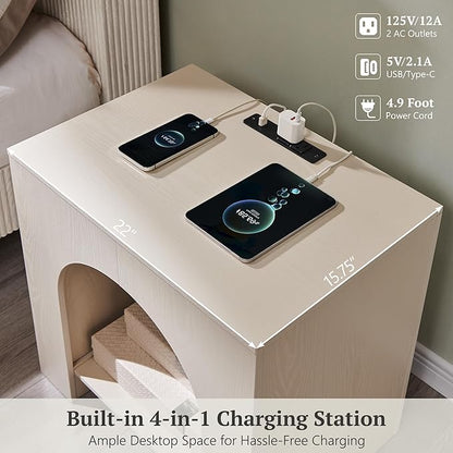 Arched End Table with Type-C Charging Station, 22" Modern Bedroom NightStand with Arched Open Shelf, Night Table with Outlet, USB, Type-C Port for Bedroom, Cream