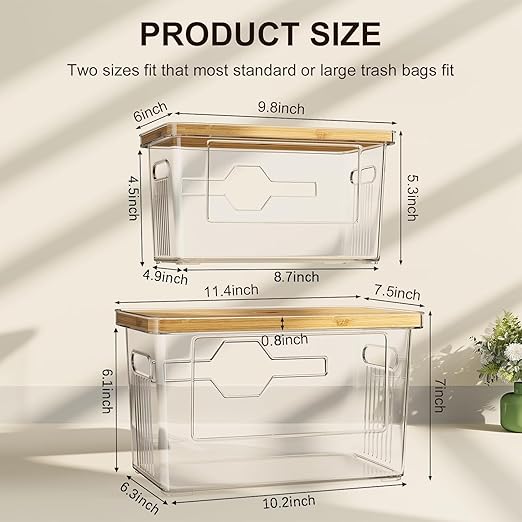 2 Pack Trash Bag Holder with Bamboo Lid, Stackable Acrylic Trash Bag Dispenser Roll Holder Under Sink, Plastic Container Garbage Bags Storage Organizer for Kitchen, Pantry, Laundry Room Organization