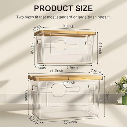 2 Pack Trash Bag Holder with Bamboo Lid, Stackable Acrylic Trash Bag Dispenser Roll Holder Under Sink, Plastic Container Garbage Bags Storage Organizer for Kitchen, Pantry, Laundry Room Organization