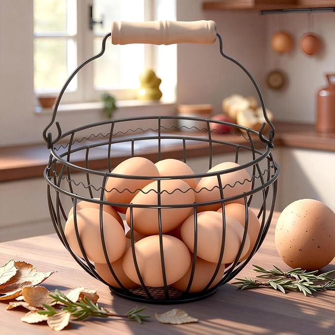 Wire Egg Basket for Gathering Fresh Eggs, Vintage Chicken Egg Collecting Basket with Handle, Farmhouse Egg Storage Container Countertop,Black, Ventilated Design, Easter Christmas Kitchen Decor