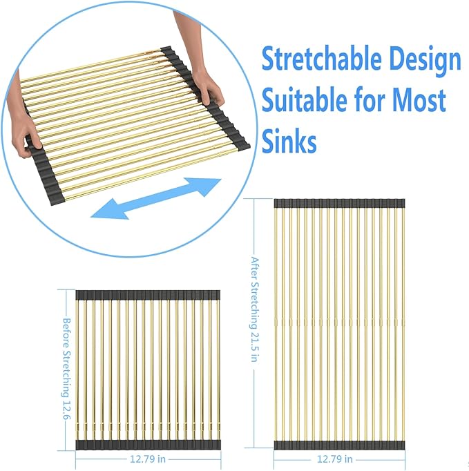 AXIMIXAME Expandable Large Draining Rack, Roll Up Heat-Resistant Dish Drainer for Stainless Steel Sinks, Collapsible Over The Sink Rack Non-Slip Silicone Rolling Up Rack Gold 18 Tube
