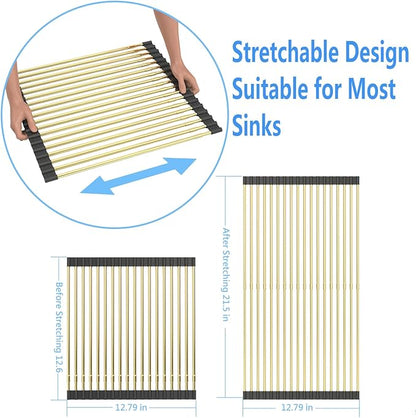 AXIMIXAME Expandable Large Draining Rack, Roll Up Heat-Resistant Dish Drainer for Stainless Steel Sinks, Collapsible Over The Sink Rack Non-Slip Silicone Rolling Up Rack Gold 18 Tube