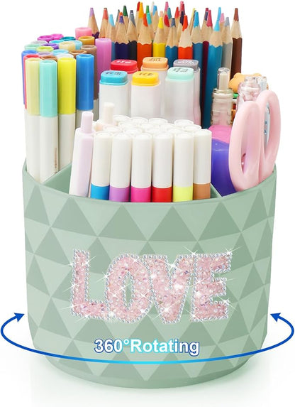 Bling Desk Organizer, Glitter Love Rhinestone Rotating Pencil Pen Holders For Desk,Diamond-Patterned Pen Organizer With 5 Compartments,Stylish Desk Accessories For Office School Home