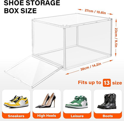 1 Pack Acrylic Drop Front Shoe Boxes Fit Size 13, Clear Stackable Shoe Organizer with Front Side Magnetic Door for Closet, Entryway, Underbed, Multiple Display Cases for Hats, Figures, Sneakers