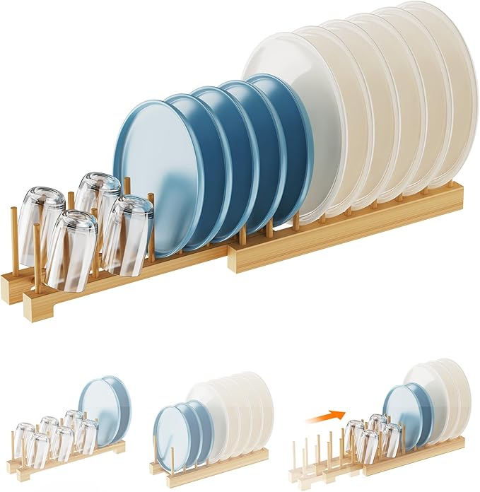 BusyePa Dish Rack, Flexible Bamboo Dish Drying Rack Pot Lid Plate Stand Holder Adjustable Vertical Organizer Storage for Kitchen Cabinet Dish, Pot Lid, Bowl, Cup