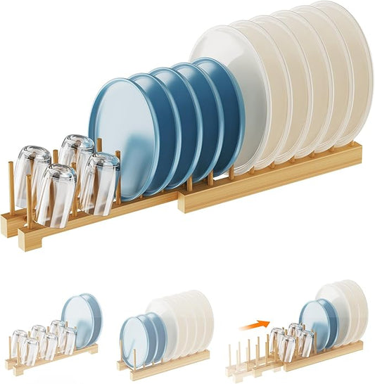 BusyePa Dish Rack, Flexible Bamboo Dish Drying Rack Pot Lid Plate Stand Holder Adjustable Vertical Organizer Storage for Kitchen Cabinet Dish, Pot Lid, Bowl, Cup