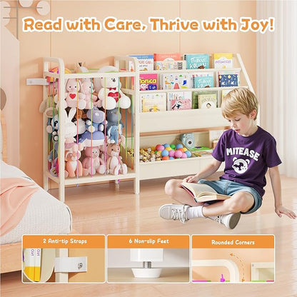 B5 Kids Bookshelf and Toy Storage, Book Shelf for Kids Rooms, Sling Toddler Book Shelves with Stuffed Animal Storage, Montessori Baby Bookcase for Nursery, Bedroom, Playroom, White