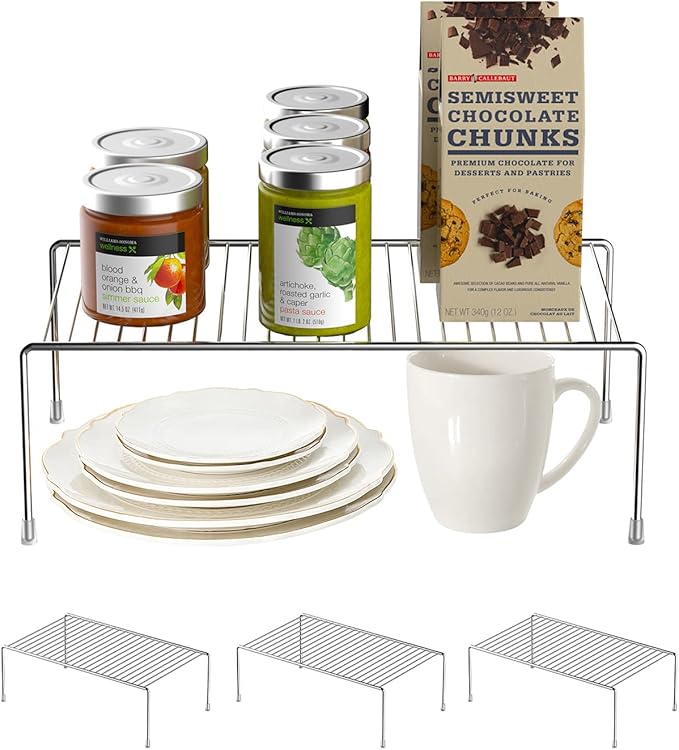Redrubbit 4 Pack Medium (13 x 9. 4 Inch) Cabinet Storage Shelf Rack, Rustproof Kitchen Counter and Cabinet Shelf, Storage Rack Organizer for Kitchen, Fridge, Cabinet, Bathroom, Chrome