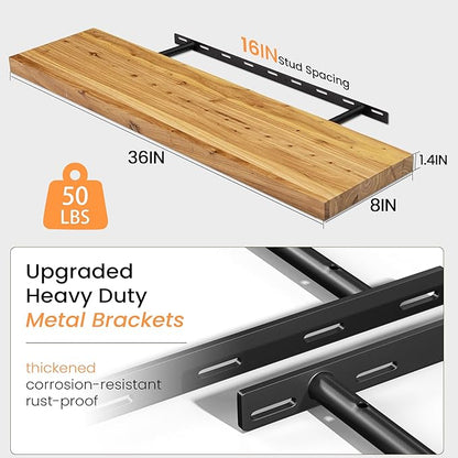 Fun Memories Floating Shelves for Wall, 36" Rustic Solid Elm Wood Wall Shelf, Heavy-Duty Wall Mounted Shelf with Invisible Brackets, Set of 2 for Living Room, Bedroom, Kitchen, Natural Finish