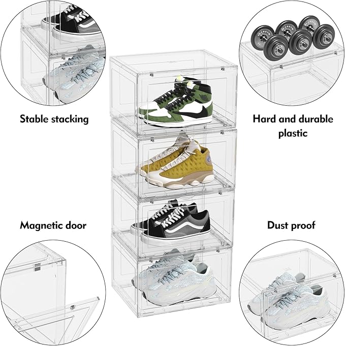 Haodehen 12 Packs Large Plastic Clear Shoe Boxes with Magnetic Door, Acrylic Display Case, Stackable Shoe Storage Organizer Container for Boot Sneaker